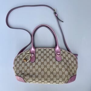 Gucci Monogram Purple Metallic Leather Trim Bamboo Heart Crossbody Boston Bag